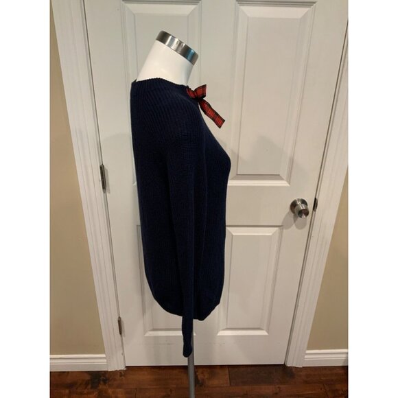 J. Crew Mercantile Navy Blue Knit High Neck Sweater W/ Red Plaid Bow, Size XS - Picture 3 of 6
